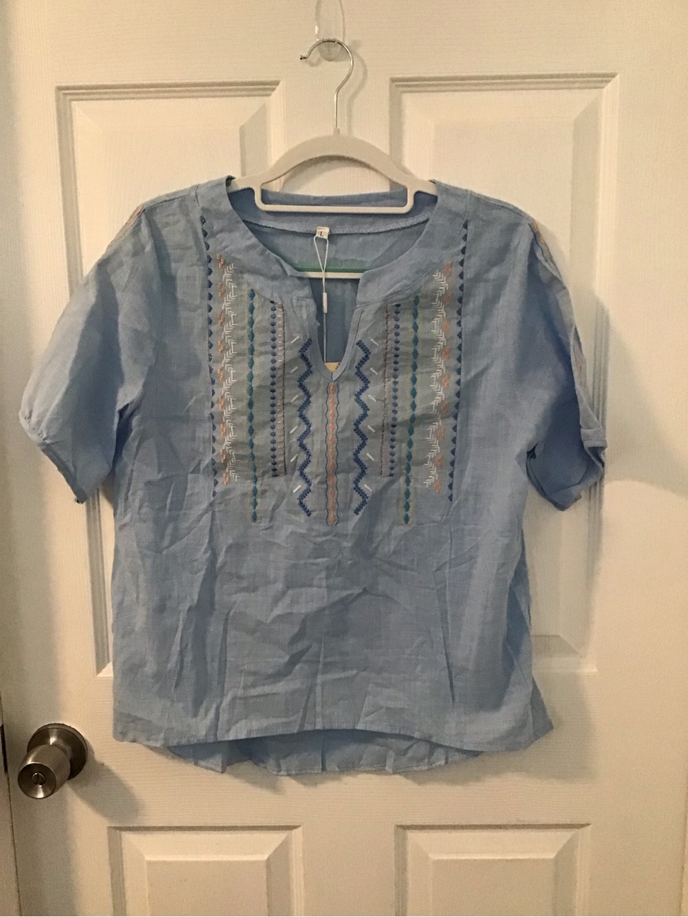 Light Blue Embroidered Cotton Blouse